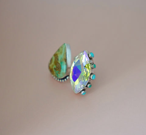 Adjustable Crystal and Turquoise Ring (Size 9)