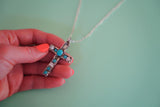 Turquoise & Gem Cross Necklace 16”