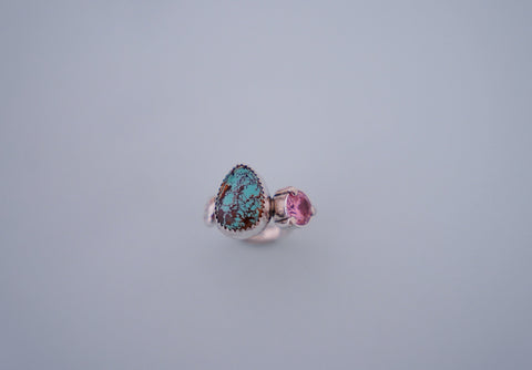 Stamped Gem and Turquoise Ring (Size 7)