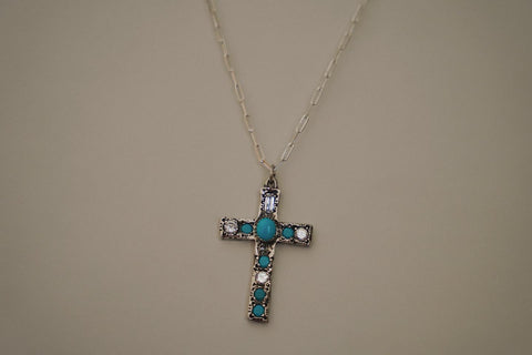 Turquoise & Gem Cross Necklace 16”