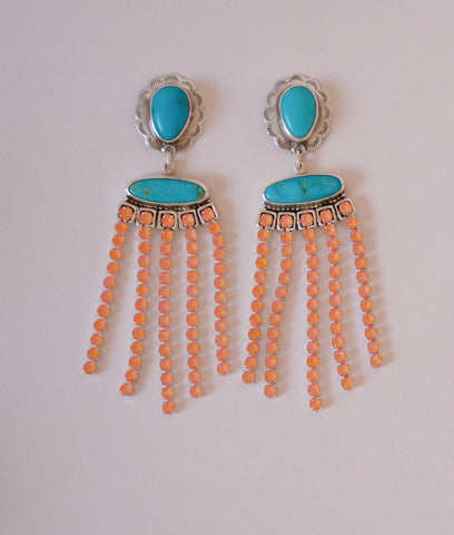 Kingman Turquoise and Peach Crystal Earrings