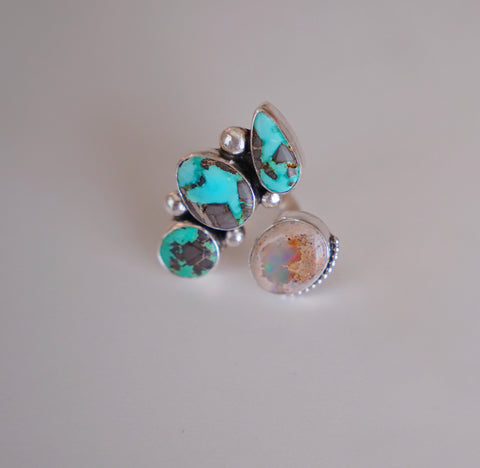 Adjustable Opal and Turquoise Ring (Size 7.5)