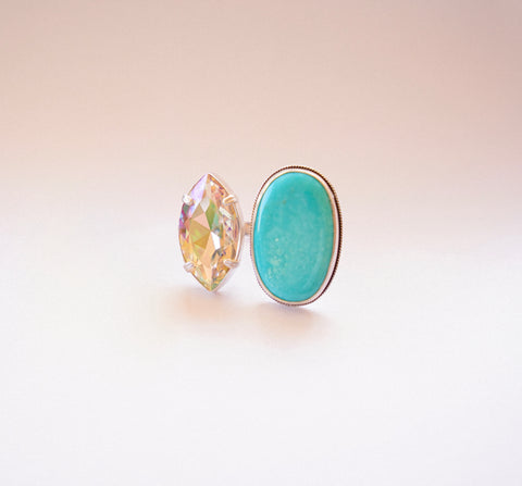 Adjustanle Crystal and Turquoise Ring (Size 7.5-8)