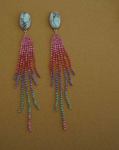 Turquoise and Pink Rhinestone Earrings