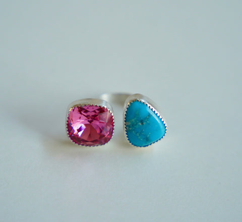 Adjustable Crystal and Turquoise Ring (Size 6)