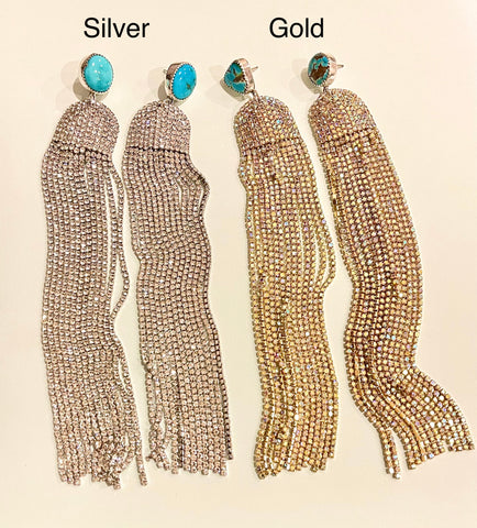 Royston Turquoise Rhinestone Earrings (Silver or Gold Fringe)
