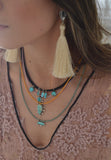 Black Beaded Turquoise Charm Necklace 16”