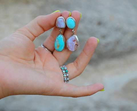Fire Opal and Royston Turquoise Earrings