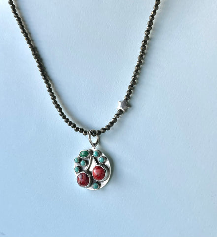 Turquoise and Spiny Oyster Cherry Necklace (16”)