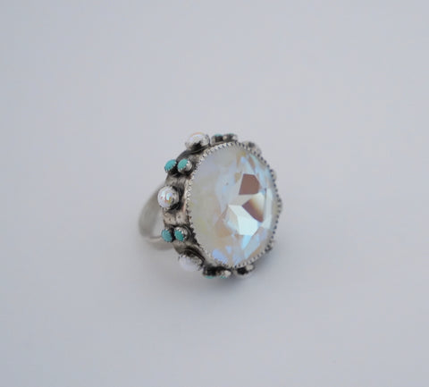 Iridescent Crystal and Turquoise Ring (Size 8.5)