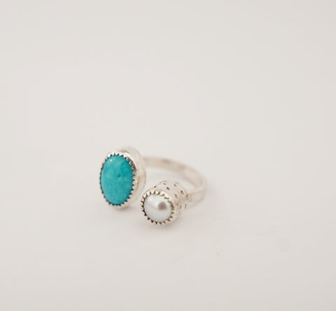 Pearl and Kingman Turquoise Ring (Size 6.5)