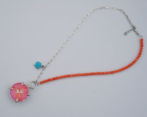 Crystal, Coral and Kingman Turquoise Necklace (18”)
